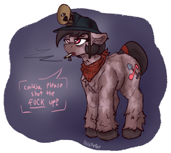 Size: 1579x1407 | Tagged: safe, artist:reddthebat, imported from derpibooru, oc, oc:number nine, earth pony, pony, bandana, chest fluff, cigarette, dialogue, ear fluff, female, floppy ears, headlamp, helmet, lidded eyes, mare, mining helmet, simple background, smoking, solo, transparent background, unshorn fetlocks, vulgar