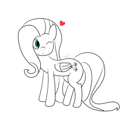 Size: 1024x1024 | Tagged: safe, artist:milkyloquat, imported from derpibooru, fluttershy, pegasus, pony, drawing, heart, lineart, monochrome, one eye closed, simple background, solo, white background, wink