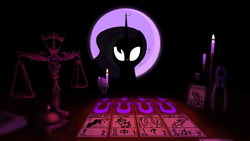 Size: 1414x798 | Tagged: safe, artist:truthormare, lyra heartstrings, pinkie pie, princess luna, rainbow dash, alicorn, ant, insect, pony, bell, book, bottle, candle, candlelight, card, card game, crossover, female, glowing eyes, horse skull, implied tentacle porn, inscryption, lewd container meme, looking at you, mare, moon, numget, pinkamena diane pie, pliers, ponified, scale, simple background, skull, solo, tentacles, video game, video game crossover, weighing scale