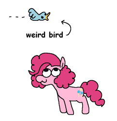 Size: 535x553 | Tagged: safe, artist:punkittdev, imported from derpibooru, pinkie pie, bird, earth pony, pony, arrow, female, looking up, mare, simple background, solo, text, white background