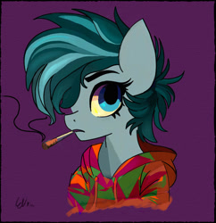 Size: 1280x1320 | Tagged: safe, artist:paintedskies, imported from derpibooru, oc, oc only, oc:blueorchids, earth pony, bust, clothes, drugs, hoodie, joint, marijuana, multi-media, portrait, smoking, solo