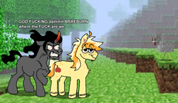 Size: 782x453 | Tagged: safe, artist:dead-venge, imported from derpibooru, braeburn, king sombra, earth pony, pony, unicorn, deltarune, duo, gay, god fucking damnit kris where the fuck are we, male, meme, minecraft, shipping, sombraeburn, vulgar