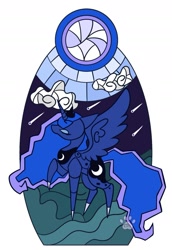 Size: 1199x1741 | Tagged: safe, artist:angstsuccer, imported from derpibooru, princess luna, alicorn, pony, eyes closed, pointy legs, raised hoof, simple background, solo, stained glass, white background