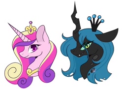 Size: 1080x780 | Tagged: safe, artist:angstsuccer, imported from derpibooru, princess cadance, queen chrysalis, changeling, changeling queen, pony, bust, duo, female, profile, simple background, white background