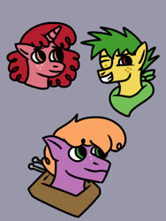 Size: 540x720 | Tagged: safe, artist:dexterousdecarius, imported from derpibooru, little mac, oc, oc:piney apple, oc:red anjou, earth pony, unicorn, big macintosh's yoke, brothers, curly mane, earth pony oc, freckles, gray background, horn, horse collar, male, offspring, parent:big macintosh, parent:sugar belle, parents:sugarmac, siblings, simple background, spiky mane, unicorn oc
