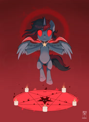 Size: 1170x1595 | Tagged: safe, artist:roccelladraws, imported from ponybooru, oc, oc only, oc:se solar eclipse, pegasus, candle, cape, clothes, cult, cult of the lamb, floating, fully red eyes, pegasus oc, wings