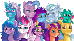 Size: 1920x1080 | Tagged: safe, artist:jbond, imported from derpibooru, hitch trailblazer, izzy moonbow, pipp petals, queen haven, sunny starscout, zipp storm, dragon, earth pony, pegasus, pony, unicorn, alphabittle blossomforth, auroricorn, baby, baby dragon, cute, father and child, father and daughter, female, g5, glasses, group, jewelry, male, mane five, mare, misty brightdawn, mother, mother and child, mother and daughter, my little pony: make your mark, my little pony: make your mark chapter 6, on head, open mouth, papa hitch, regalia, royal sisters (g5), secrets of starlight, siblings, sisters, smiling, sparky sparkeroni, stallion