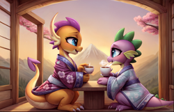 Size: 2960x1912 | Tagged: safe, imported from derpibooru, smolder, spike, ai content, ai generated, cherry blossoms, clothes, duo, facing each other, flower, flower blossom, food, generator:easyfluff v11.2, generator:stable diffusion, kimono (clothing), mountain, prompter:knighty, sitting, sunset, tea, wrong eye color