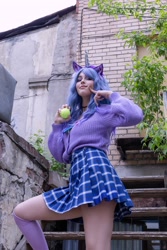 Size: 2871x4306 | Tagged: safe, artist:hysteriana, imported from derpibooru, izzy moonbow, human, ball, blue hair, brony, choker, clothes, cosplay, costume, female, festival, g5, irl, irl human, izzy's tennis ball, legs, nature, outdoors, photo, schoolgirl, skirt, socks, solo, stockings, sweater, tennis ball, thigh highs