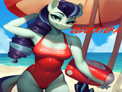 Size: 1024x768 | Tagged: safe, imported from twibooru, coloratura, anthro, earth pony, ai generated, baywatch, beach, breasts, buoy, busty coloratura, clothes, flirting, hand behind back, image, lifeguard, lifeguard coloratura, one-piece swimsuit, png, seductive look, sexy, smiling, solo, swimsuit, walking