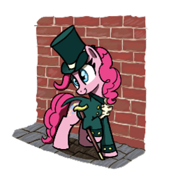 Size: 486x495 | Tagged: safe, artist:maretian, pinkie pie, earth pony, pony, brick wall, cane, clothes, female, hat, mare, outdoors, road, solo, steampunk, top hat, walking stick