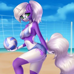 Size: 1920x1920 | Tagged: safe, artist:yutakira92, imported from derpibooru, oc, oc only, anthro, unicorn, beach volleyball, bikini, bikini top, clothes, female, glasses, swimsuit