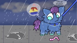 Size: 1080x607 | Tagged: safe, anonymous artist, imported from derpibooru, fluffy pony, worm, collar, cute, fluffy pony original art, food, leash, offscreen character, offscreen human, pasta, rain, spaghetti, thinking, wet