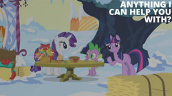 Size: 2000x1123 | Tagged: safe, edit, edited screencap, editor:quoterific, imported from derpibooru, screencap, rarity, spike, twilight sparkle, unicorn, winter wrap up, basket, bird nest, hay, hay bale, nest, snow, tree, unicorn twilight