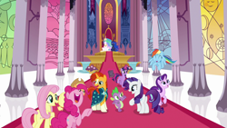 Size: 1280x720 | Tagged: safe, imported from derpibooru, screencap, applejack, fluttershy, pinkie pie, princess celestia, princess luna, rainbow dash, rarity, spike, starlight glimmer, sunburst, twilight sparkle, pony, shadow play, mane seven, mane six