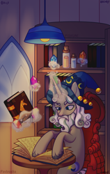 Size: 2400x3800 | Tagged: safe, artist:cursed soul, artist:filya, artist:pavlyusha, artist:piskun!, imported from derpibooru, star swirl the bearded, unicorn, book, bookshelf, collaboration, solo, stars