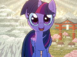 Size: 800x600 | Tagged: safe, artist:rangelost, imported from derpibooru, twilight sparkle, alicorn, cyoa:d20 pony, cherry blossoms, cherry tree, cyoa, first person view, flower, flower blossom, looking at you, offscreen character, pixel art, pov, ruins, snow, solo, story included, torii, tree, twilight sparkle (alicorn)