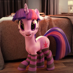 Size: 2048x2048 | Tagged: source needed, safe, anonymous artist, imported from twibooru, twilight sparkle, pony, 3d, bed, clothes, comfy, cute, image, needs more jpeg, realistic, socks, solo