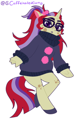 Size: 1033x1597 | Tagged: safe, artist:caffeinatedcarny, imported from derpibooru, moondancer, anthro, pony, unguligrade anthro, unicorn, clothes, eyeshadow, g4, glasses, horn, makeup, markings, simple background, solo, spots, stylized, sweater, transparent background