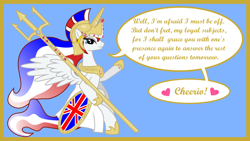 Size: 1280x720 | Tagged: safe, artist:askbritanniamlp, imported from derpibooru, oc, oc:britannia, alicorn, pony, ask britannia, alicornified, helmet, race swap, shield, solo, trident