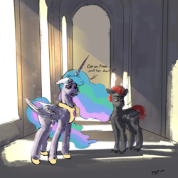 Size: 2950x2950 | Tagged: safe, artist:ponybrotoons, imported from derpibooru, princess celestia, oc, oc:silver meteor, alicorn, pegasus, corridor, crepuscular rays, ethereal mane, hoof shoes, peytral, sad, sketch, volumetric light