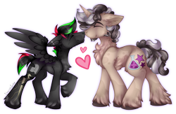 Size: 2187x1425 | Tagged: safe, artist:chvrchgrim, imported from derpibooru, oc, oc only, oc:krypt, oc:quantum, pegasus, unicorn, blaze (coat marking), boop, chest fluff, coat markings, concave belly, couple, curly mane, cute, duo, ear piercing, facial hair, facial markings, gay, gay couple, height difference, hoof fluff, horn, love, male, neck fluff, noseboop, nuzzling, pegasus oc, physique difference, piercing, slim, socks (coat markings), spots, spread wings, stallion, thin, unicorn oc, unshorn fetlocks, wings