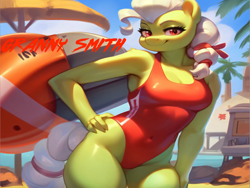 Size: 1024x768 | Tagged: safe, imported from twibooru, granny smith, anthro, earth pony, ai generated, baywatch, beach, breasts, busty granny smith, busty young granny smith, clothes, hand on hip, image, lifeguard, lifeguard granny smith, one-piece swimsuit, png, seductive pose, sexy, smiling, solo, swimsuit, young granny smith, younger