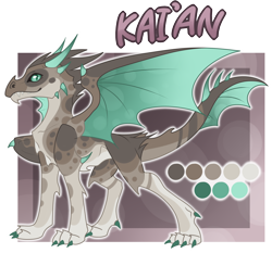 Size: 1962x1832 | Tagged: safe, artist:chvrchgrim, imported from derpibooru, oc, oc:kai'an, dragon, claws, color palette, concave belly, countershading, dragon oc, drake, horns, non-pony oc, one wing out, quadrupedal, reference sheet, sharp teeth, slim, solo, spikes, spread wings, teeth, thin, wings