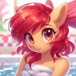 Size: 1024x1024 | Tagged: safe, imported from derpibooru, apple bloom, anthro, earth pony, ai content, ai generated, blushing, generator:bing image creator, looking at you, petals, smiling, smiling at you, solo, towel, water droplet, wet