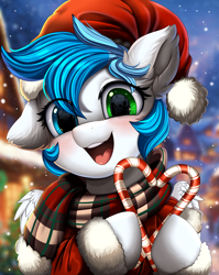 Size: 2550x3209 | Tagged: safe, artist:pridark, imported from derpibooru, oc, oc only, pegasus, pony, candy, candy cane, christmas, clothes, commission, cute, food, hat, heterochromia, holiday, one ear down, open mouth, pegasus oc, pridark is trying to murder us, santa hat, scarf, snow, snowfall, solo, striped scarf, wings, ych result