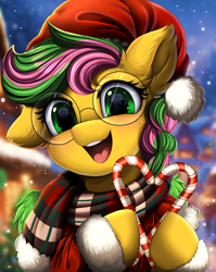 Size: 2550x3209 | Tagged: safe, artist:pridark, imported from derpibooru, oc, oc only, pegasus, pony, candy, candy cane, christmas, clothes, commission, cute, food, glasses, hat, holiday, one ear down, open mouth, pegasus oc, pridark is trying to murder us, santa hat, scarf, snow, snowfall, solo, striped scarf, wings, ych result