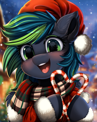 Size: 2550x3209 | Tagged: safe, artist:pridark, imported from derpibooru, oc, oc only, pegasus, pony, candy, candy cane, christmas, clothes, commission, cute, food, hat, holiday, one ear down, open mouth, pegasus oc, pridark is trying to murder us, santa hat, scarf, snow, snowfall, solo, striped scarf, wings, ych result