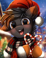 Size: 2550x3209 | Tagged: safe, artist:pridark, imported from derpibooru, oc, oc only, pony, candy, candy cane, christmas, clothes, commission, cute, food, hat, holiday, one ear down, open mouth, pridark is trying to murder us, santa hat, scarf, snow, snowfall, solo, striped scarf, ych result
