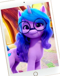 Size: 446x560 | Tagged: safe, edit, imported from derpibooru, izzy moonbow, pony, unicorn, concave belly, cute, female, fluffy, g5, glasses, ipad, izzybetes, mare, official, phone, round glasses, simple background, transparent background, turned head, weibo