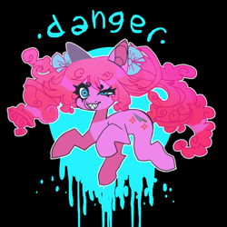 Size: 850x850 | Tagged: safe, artist:cutesykill, imported from derpibooru, pinkie pie, earth pony, pony, alternate cutie mark, alternate hairstyle, beanbrows, black background, blue background, bow, cyan background, danger, eyebrows, eyestrain warning, female, grin, hair bow, mare, pigtails, sharp teeth, simple background, smiling, solo, teeth, text