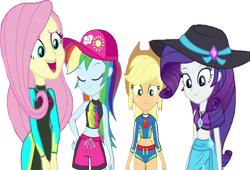 Size: 3715x2520 | Tagged: safe, edit, edited screencap, editor:homersimpson1983, imported from derpibooru, screencap, applejack, fluttershy, rainbow dash, rarity, human, aww... baby turtles, equestria girls, equestria girls series, background removed, bikini, cap, clothes, female, geode of fauna, geode of shielding, geode of super speed, geode of super strength, hat, magical geodes, not a vector, sarong, simple background, swimsuit, transparent background