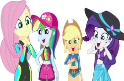 Size: 3871x2520 | Tagged: safe, edit, edited screencap, editor:homersimpson1983, imported from derpibooru, screencap, applejack, fluttershy, rainbow dash, rarity, human, aww... baby turtles, equestria girls, equestria girls series, bikini, cap, clothes, female, geode of fauna, geode of shielding, geode of super speed, geode of super strength, hat, magical geodes, not a vector, sarong, simple background, swimsuit, transparent background