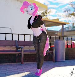 Size: 1870x1920 | Tagged: safe, artist:retro0range, imported from derpibooru, pinkie pie, anthro, 3d, bench, blender, car, clothes, colorful, g5, park, solo, sun