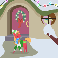 Size: 2160x2160 | Tagged: safe, anonymous artist, imported from derpibooru, big macintosh, fluttershy, earth pony, pegasus, pony, series:fm holidays, series:hearth's warming advent calendar 2023, advent calendar, christmas, christmas lights, christmas wreath, clothes, eyebrows, female, floppy ears, fluttershy's cottage, frown, g4, hat, high res, holiday, lineless, looking back, male, mare, overreacting, pointy ponies, raised eyebrow, sad, scarf, ship:fluttermac, shipping, snow, stallion, straight, sweater, winter outfit, wreath