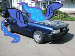 Size: 604x453 | Tagged: safe, imported from derpibooru, princess luna, car, cutie mark, house, road, solo, spread wings, wheel, wings