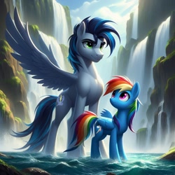 Size: 1024x1024 | Tagged: safe, editor:i-shooped-a-pwny, imported from derpibooru, rainbow dash, soarin', ai content, ai generated, female, generator:bing image creator, male, prompter:*rainbow dash*, ship:soarindash, shipping, size difference, straight, water, waterfall