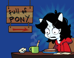 Size: 1297x1014 | Tagged: safe, artist:talimingi, imported from derpibooru, oc, oc only, oc:talim, pony, unicorn, blue background, clothes, coffee mug, desk, female, food, hoodie, mare, mug, open mouth, pencil, sandwich, sign, simple background, solo