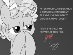 Size: 1200x900 | Tagged: safe, artist:unitxxvii, imported from derpibooru, cozy glow, pegasus, pony, bust, female, filly, foal, golly, gray background, grayscale, hooves together, monochrome, partial color, simple background, solo, text