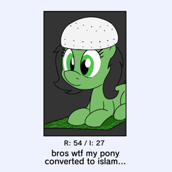 Size: 900x900 | Tagged: safe, artist:unitxxvii, imported from derpibooru, oc, oc only, oc:filly anon, earth pony, pony, 4chan, female, filly, foal, islam, lying down, ponified animal photo, prone, religion, religious, solo, text