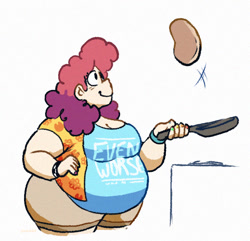 Size: 760x732 | Tagged: safe, artist:punkittdev, imported from derpibooru, pinkie pie, human, bbw, belly, big belly, big breasts, breasts, busty pinkie pie, fat, female, food, frying pan, huge belly, humanized, light skin, looking at something, looking up, obese, pancakes, piggy pie, pudgy pie, simple background, smiling, solo, thighs, thunder thighs, white background, wide hips