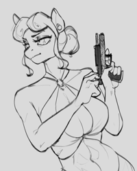 Size: 1827x2284 | Tagged: safe, artist:egil, imported from derpibooru, bon bon, sweetie drops, anthro, earth pony, absolute cleavage, alternate hairstyle, belly button, big breasts, breasts, busty bon bon, cleavage, clothes, dress, female, gray background, grayscale, gun, handgun, lidded eyes, mare, monochrome, pistol, secret agent sweetie drops, simple background, skimpy outfit, solo, weapon