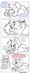 Size: 1671x4096 | Tagged: safe, artist:opalacorn, imported from derpibooru, oc, oc only, pony, unicorn, baby, baby pony, comic, commission, cross-popping veins, dialogue, emanata, partial color, question mark, raspberry, simple background, speech bubble, tongue out, trio, tummy buzz, white background