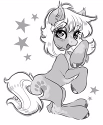 Size: 2815x3413 | Tagged: safe, artist:opalacorn, imported from derpibooru, oc, oc only, earth pony, pony, commission, grayscale, lidded eyes, looking at you, monochrome, open mouth, open smile, simple background, smiling, solo, stars, unshorn fetlocks, white background