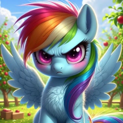 Size: 1024x1024 | Tagged: safe, imported from derpibooru, rainbow dash, pegasus, pony, ai content, ai generated, angry, apple, apple orchard, blurry background, blushing, chest fluff, cloud, cute, cute when angry, dashabetes, ear fluff, female, filly, filly rainbow dash, foal, food, frown, g4, generator:dall-e 3, grass, looking at you, orchard, outdoors, prompter:tyto4tme4l, sky, solo, spread wings, wings, younger