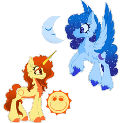 Size: 1925x1914 | Tagged: safe, artist:bryony6210, imported from derpibooru, pegasus, pony, unicorn, blue coat, cheek fluff, chest fluff, coat markings, curly hair, curly tail, ethereal mane, eyelashes, female, freckles, galaxy mane, galaxy tail, hooves, horn, long horn, moon, orange mane, orange tail, pegasus wings, ponified, simple background, spread wings, sun, tail, the amazing digital circus, transparent background, two toned coat, unicorn horn, unshorn fetlocks, wings, yellow coat